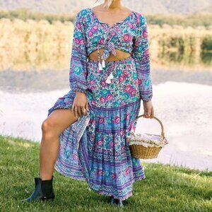 Periwinkle Blue Floral Boho Maxi Summer Skirt